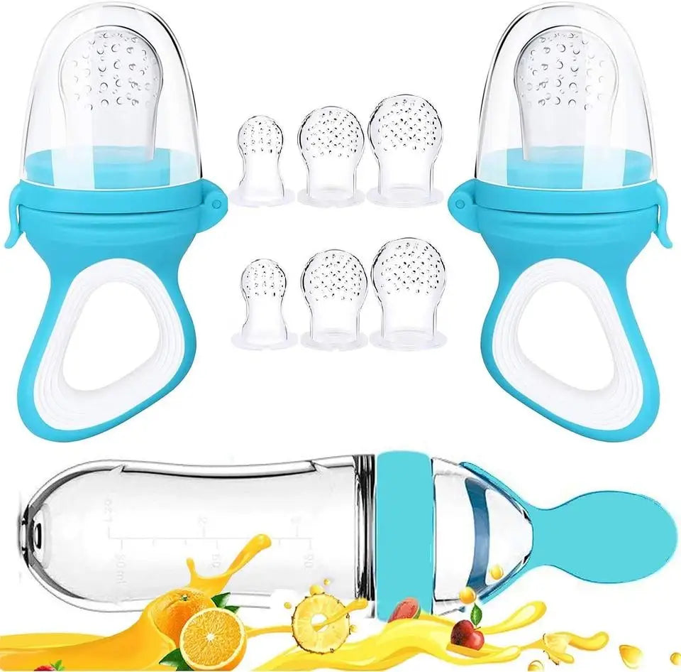 Two silicone baby feeders with extra nipples and a squeezable baby food bottle with spoon attachment.