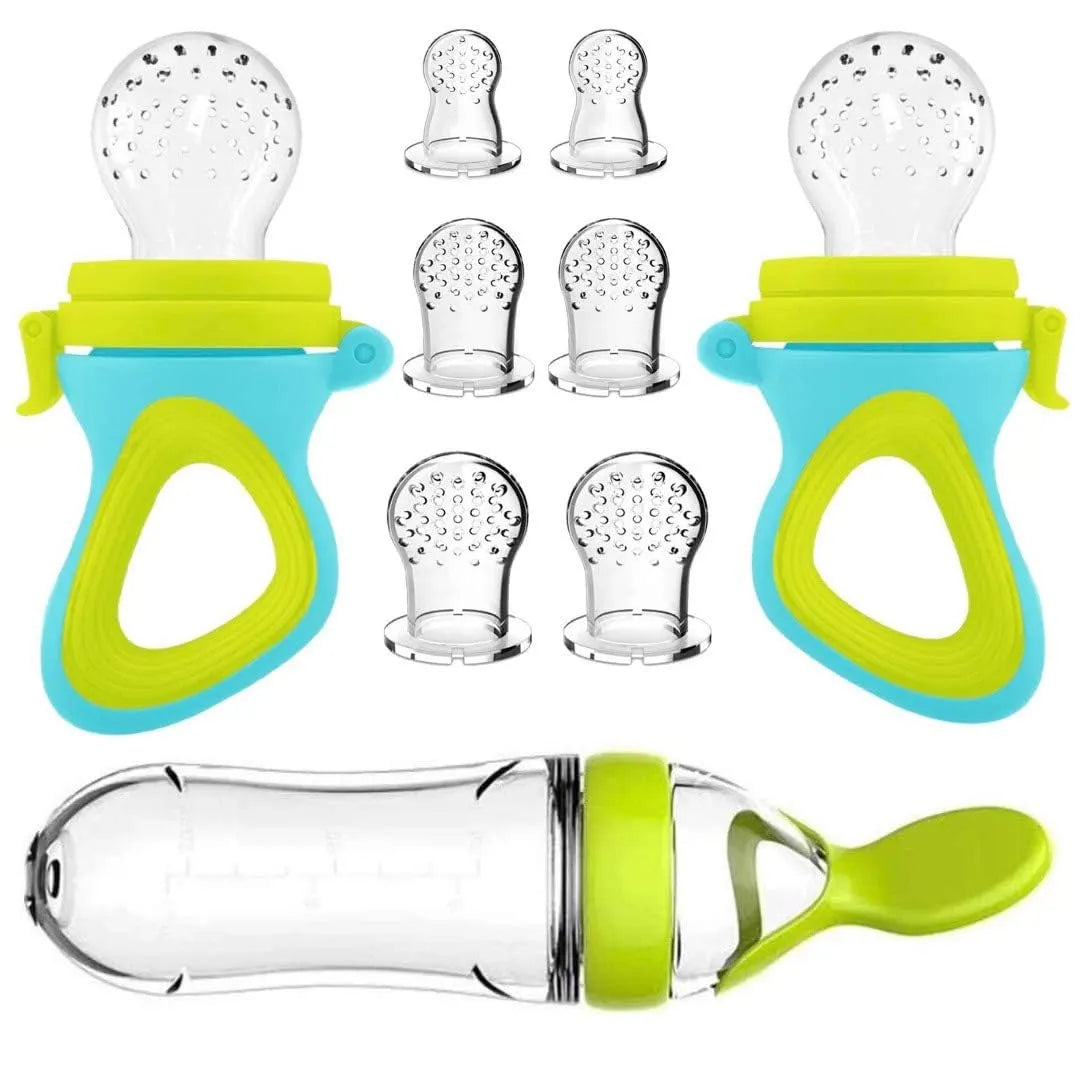 Set of baby feeding tools with silicone squeeze bottle and interchangeable pacifier-like tops.