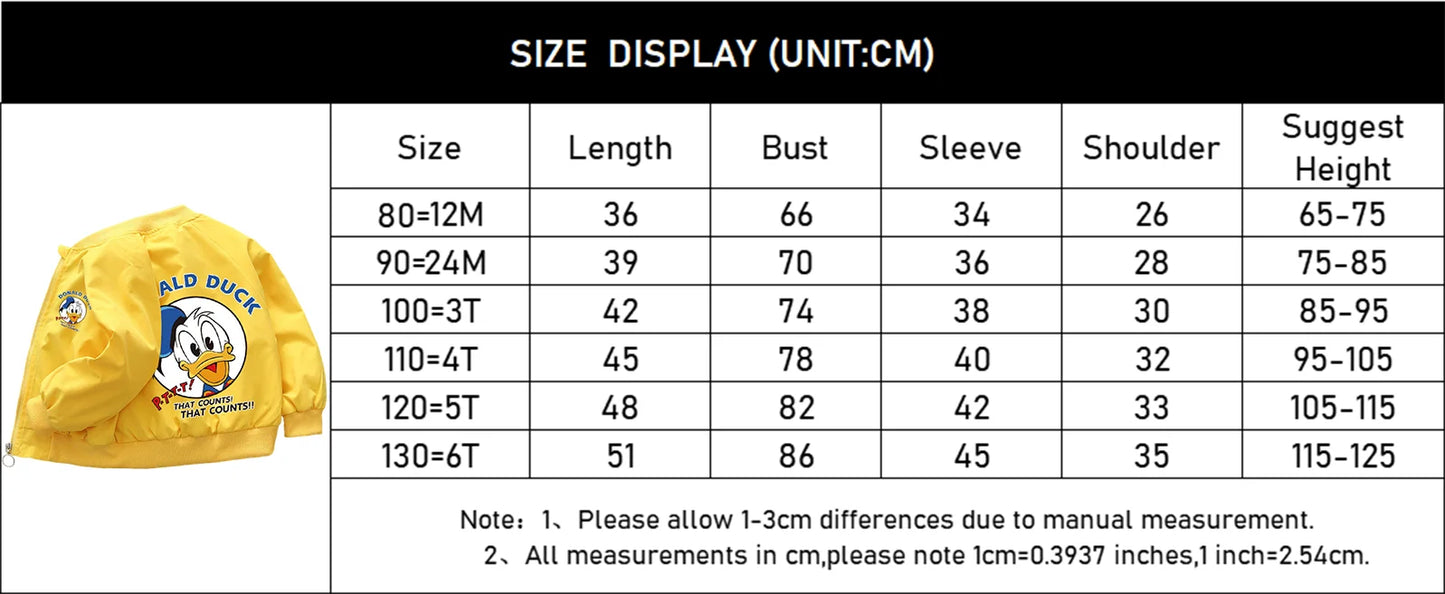 Mickey Mouse Design Printed Toddler Bomber Jacket Size Chart