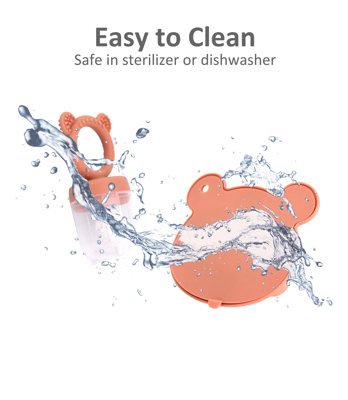 Orange baby item with splashing water, text Easy to Clean - Safe in sterilizer or dishwasher.