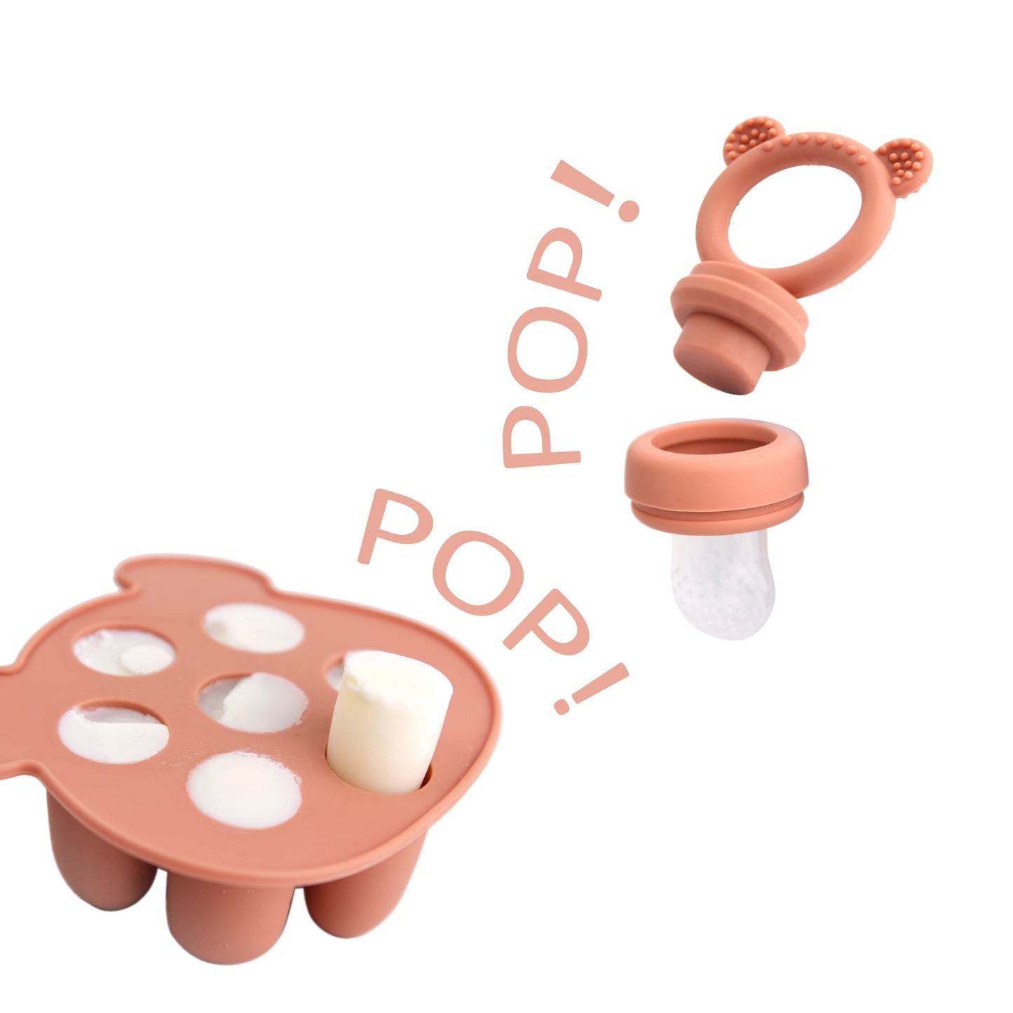 Silicone baby teether and pacifier being popped out from molds with POP! text.
