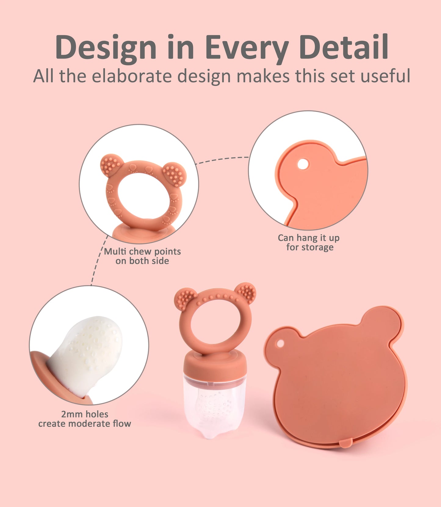 Promotional image highlighting features of a peach-colored baby teething set with chew points and storage hook.