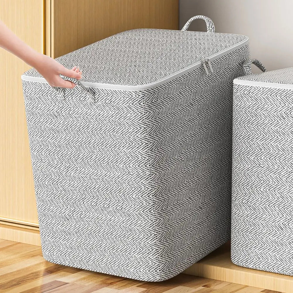 A Person Pulling Gray Non-woven Storage Bag Organizer With Lid