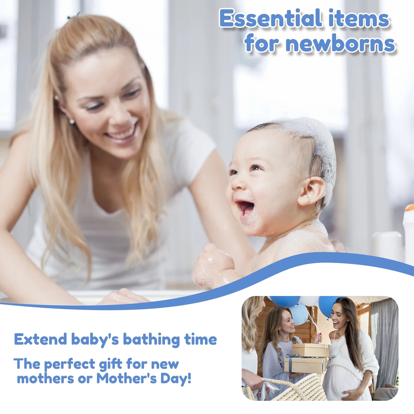 Ad for baby essentials with text about newborn gifts, bathing time, and a mother with a child.