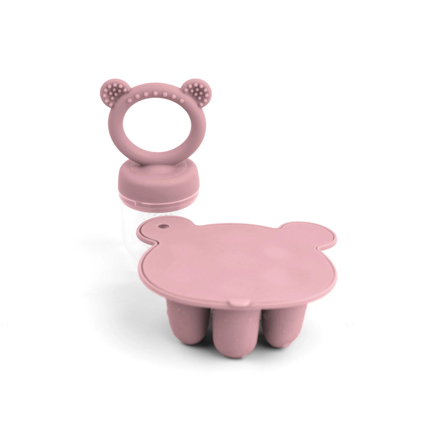 A pink bear-shaped ring teether and a matching suction plate on a white background.
