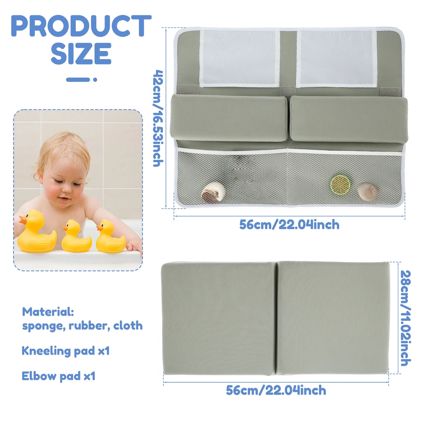 Advertisement for a bath kneeling and elbow pad set with dimensions, material details, and images.