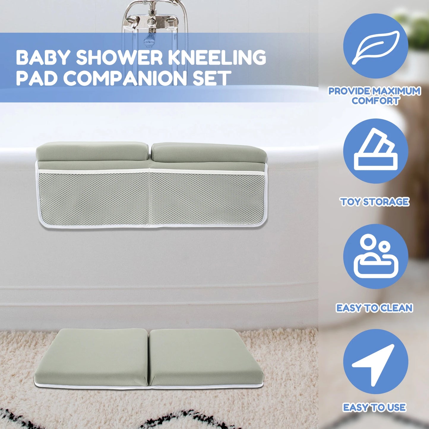 A baby shower kneeling pad with features like comfort, toy storage, and easy cleaning highlighted.
