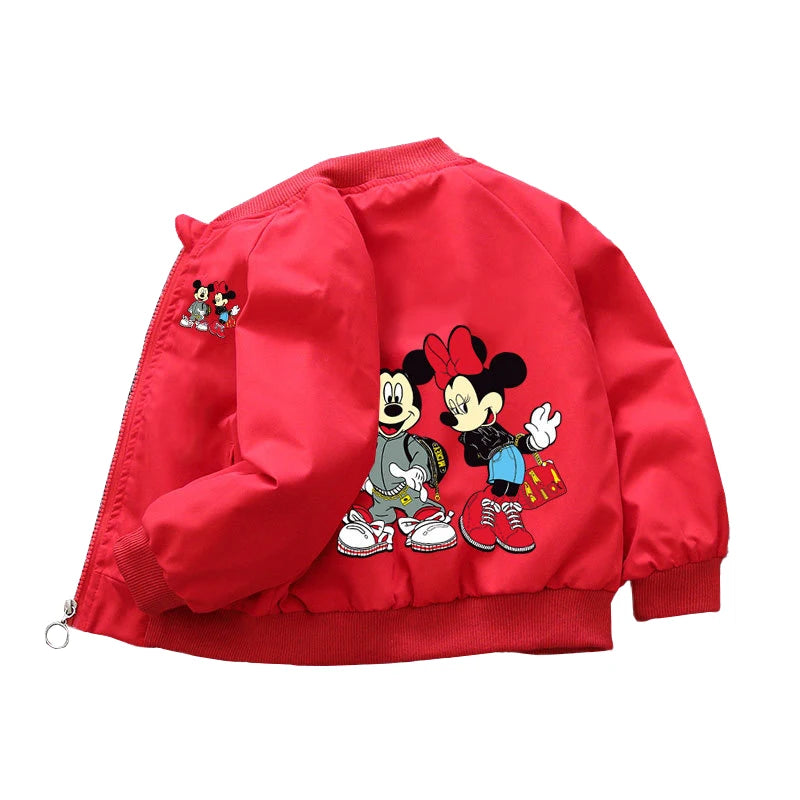Red Mickey Mouse Design Printed Toddler Bomber Jacket Facing the Back in a white background