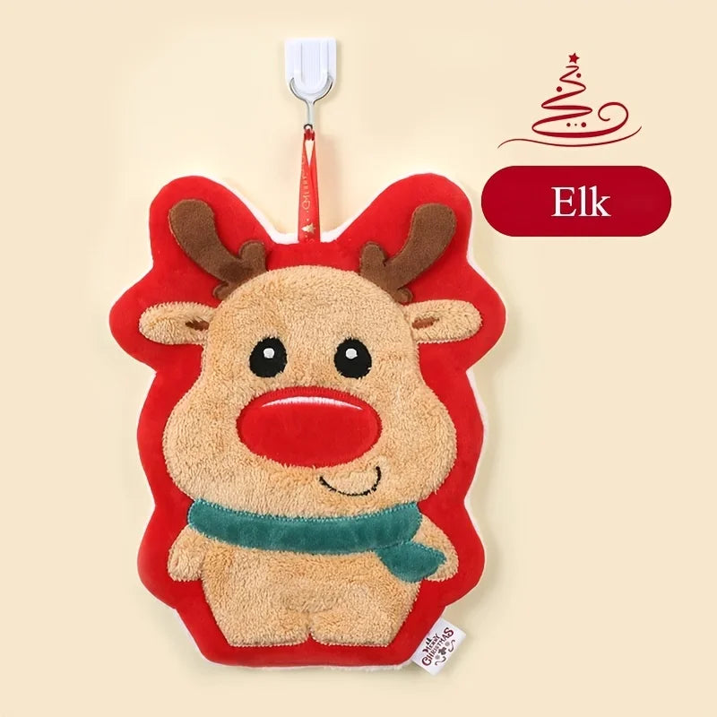 Brown Elk With Green Scarf And Red Outline Design Christmas Hanging Towel With Text "Elk" In A Nude Color Background