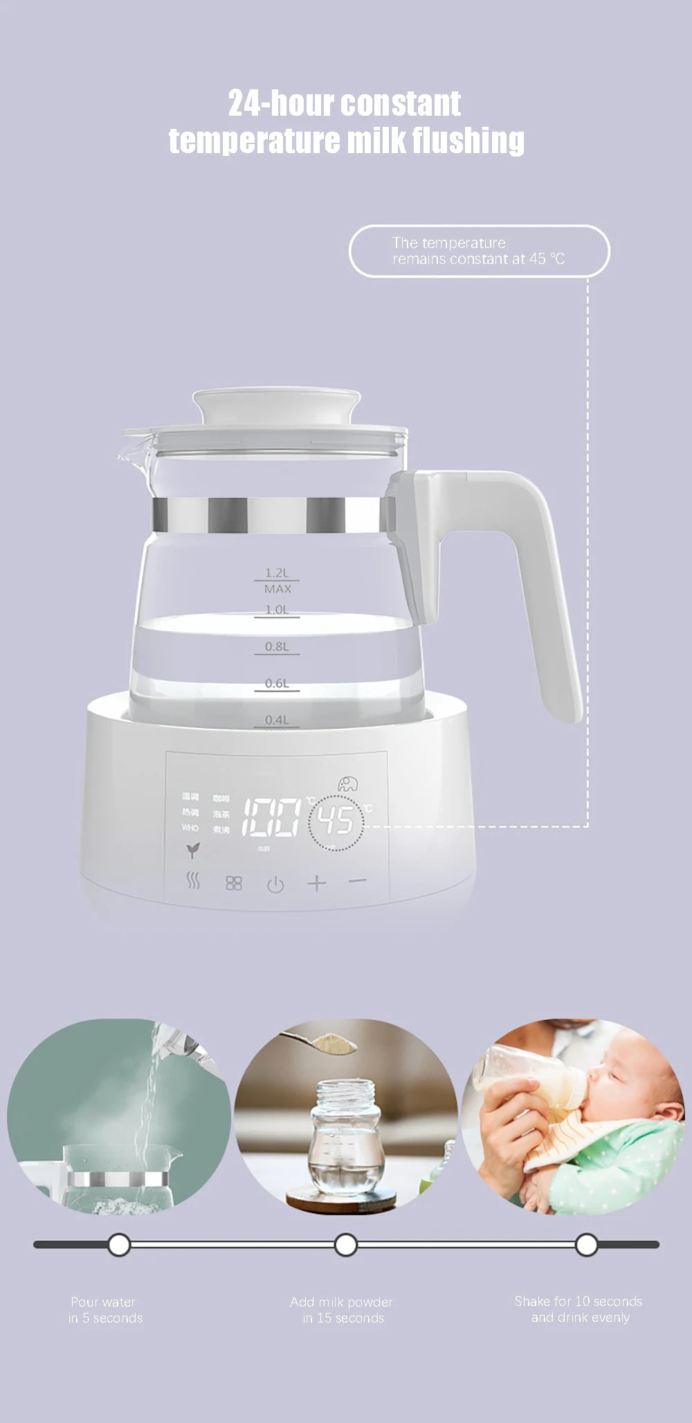 Automatic milk mixer with steps shown: add water, powder, and shake for use.