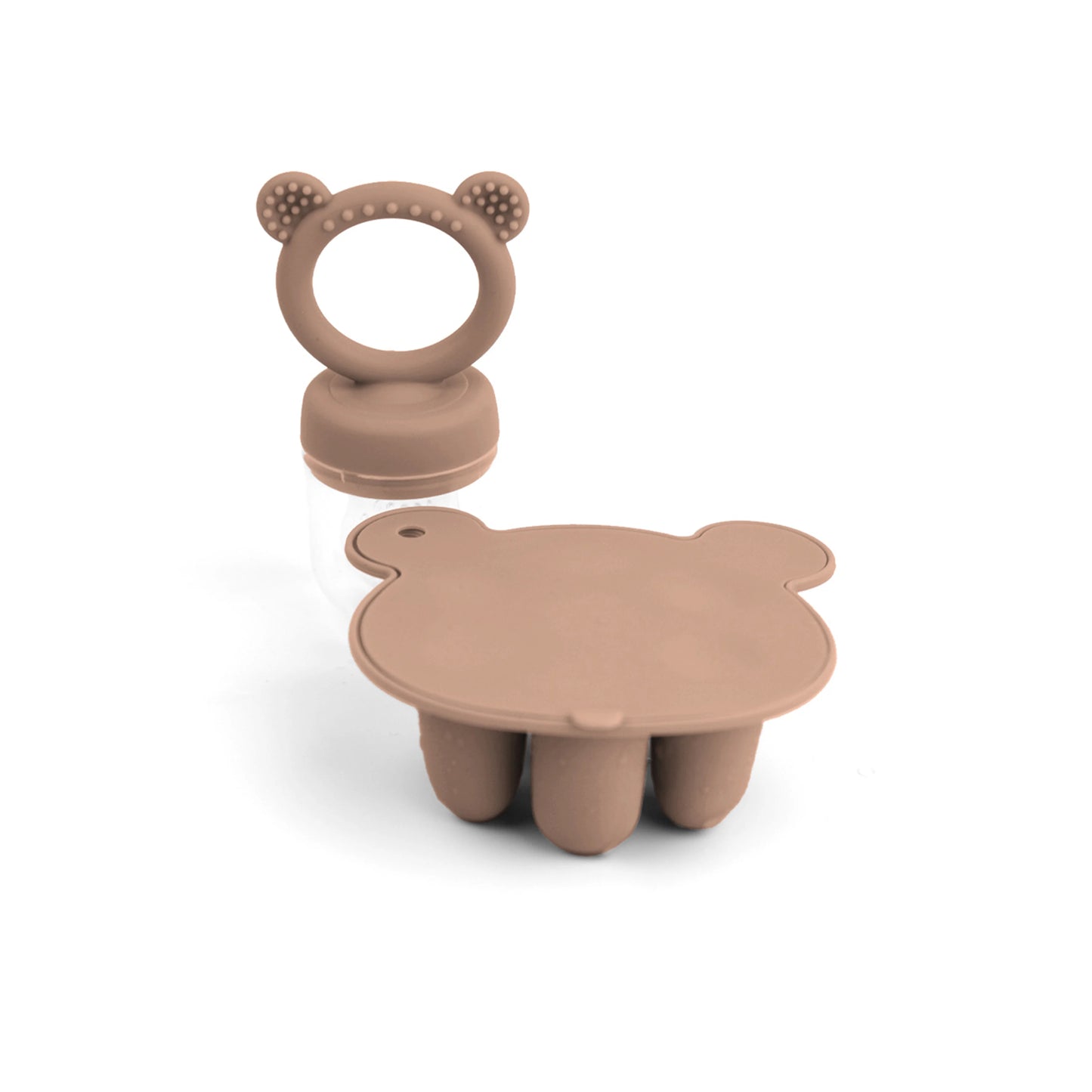 A brown bear-shaped silicone ice tray and a matching lid with an attached ring handle.
