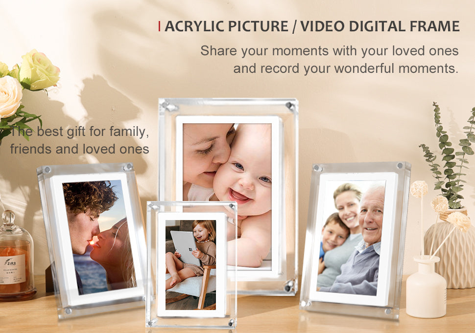 Four Acrylic Digital Photo Frame Of Different Sizes Displayed In An Aesthetic Background With Text "ACRYLIC PICTURE/VIDEO DIGITAL FRAME Share your moments with your loved ones and record your wonderful moments."