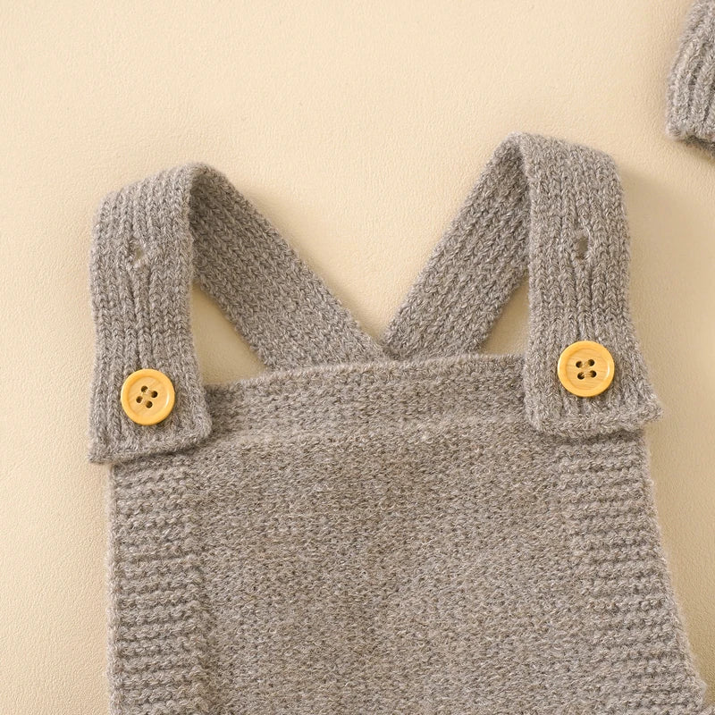 A close up photo of Dark Khaki Baby Knitted Romper Square Collar