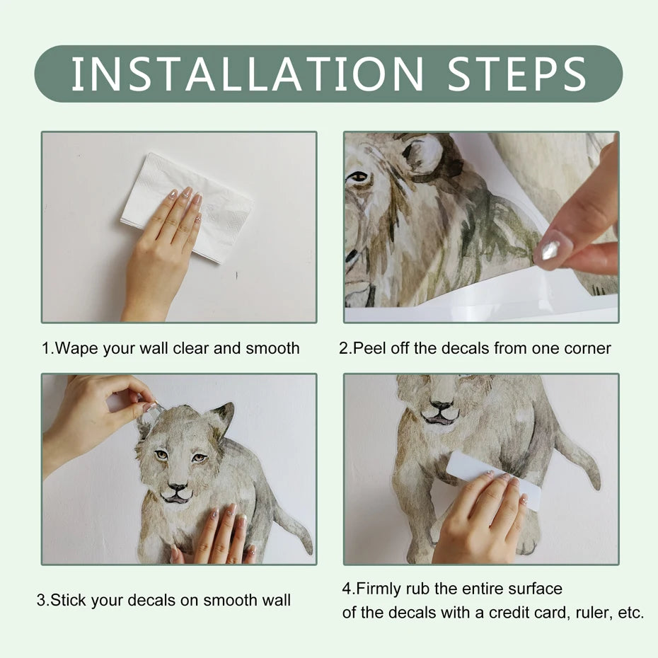 Nursery Wall Sticker Installation Steps "INSTALLATION STEPS 1. Wape your wall clear and smooth 2.Peel off the decals from one corner 3.Stick your decals on smooth wall 4.Firmly rub the entire surface of the decals with a credit card, ruler, etc."