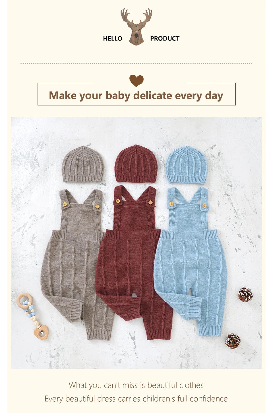 Three Baby Knitted Romper in Dark Khaki, Aqua Blue and Rose Red with Hat laid in a white marble background and text saying Make Your Baby Delicate Everyday
