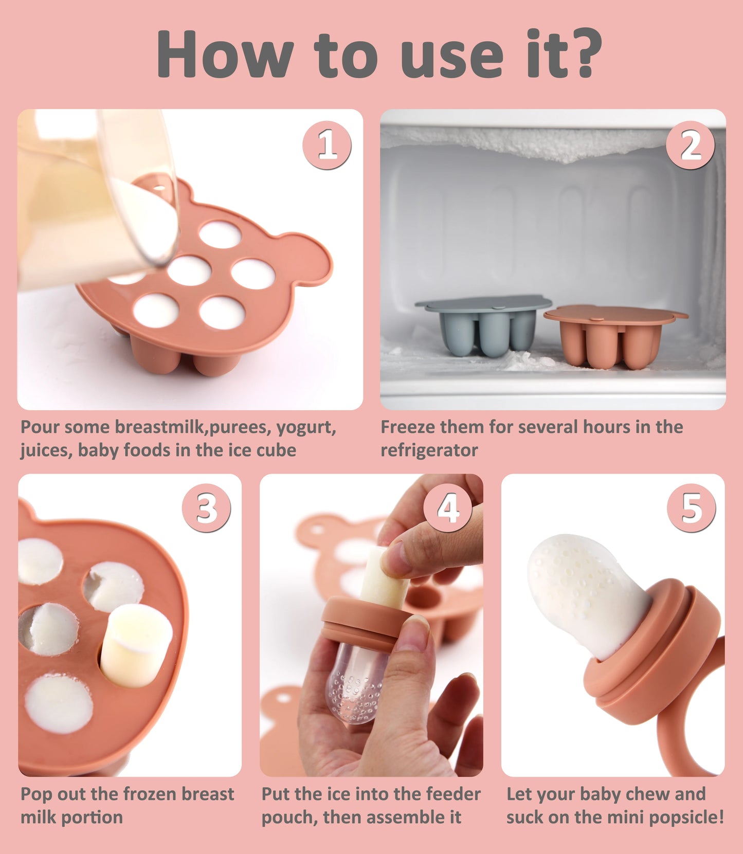 Instructional images showing steps to use a baby food freezer tray to make and serve mini popsicles.