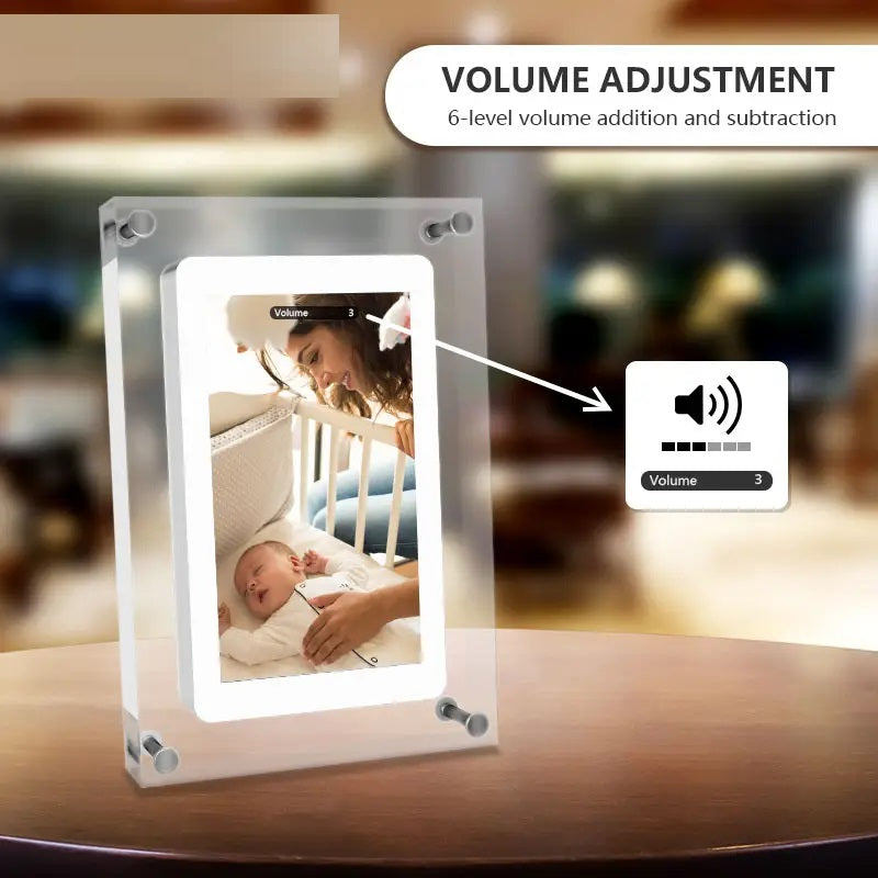 Acrylic Digital Photo Frame In A Blurry Lifestyle Background With Text "VOLUME ADJUSTMENT 6-level volume addition and subtraction"