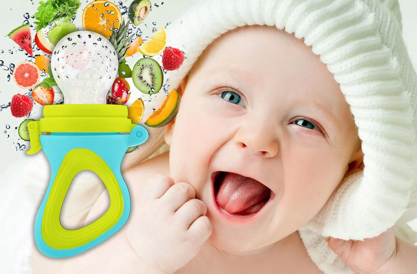A baby's teething toy against a backdrop of colorful fruits and splashing water.