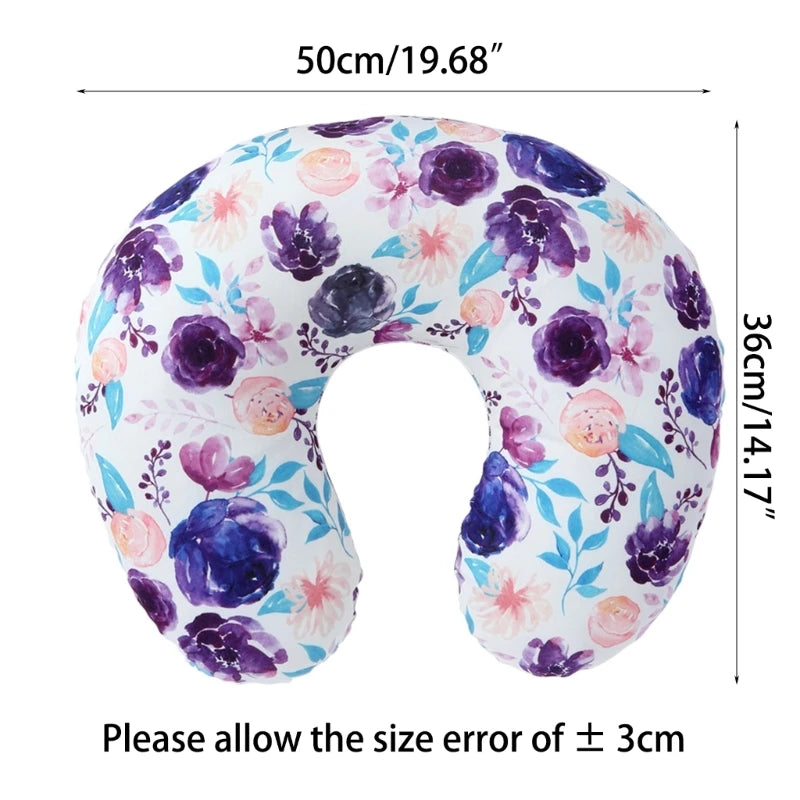 White Baby Nursing Pillow Cover With Purple And Peach Floral Design Print With Size Dimensions