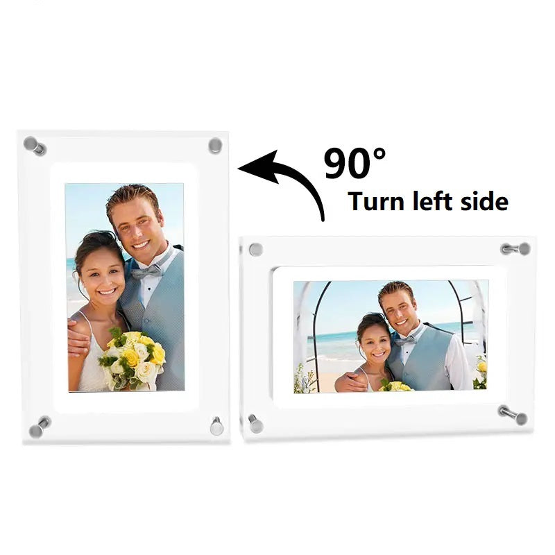 Acrylic Digital Photo Frame In Vertical And Horizontal Angle with Text "90 Degree Turn Left Side"
