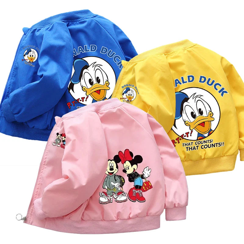 Three Mickey Mouse Design Printed Toddler Bomber Jacket in Blue, Pink, and Yellow Facing the Back in a white background