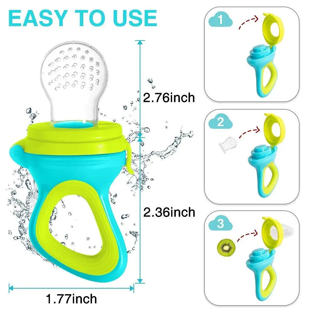 Infant feeding teether with measurements, and instructions on inserting food and closing the lid.