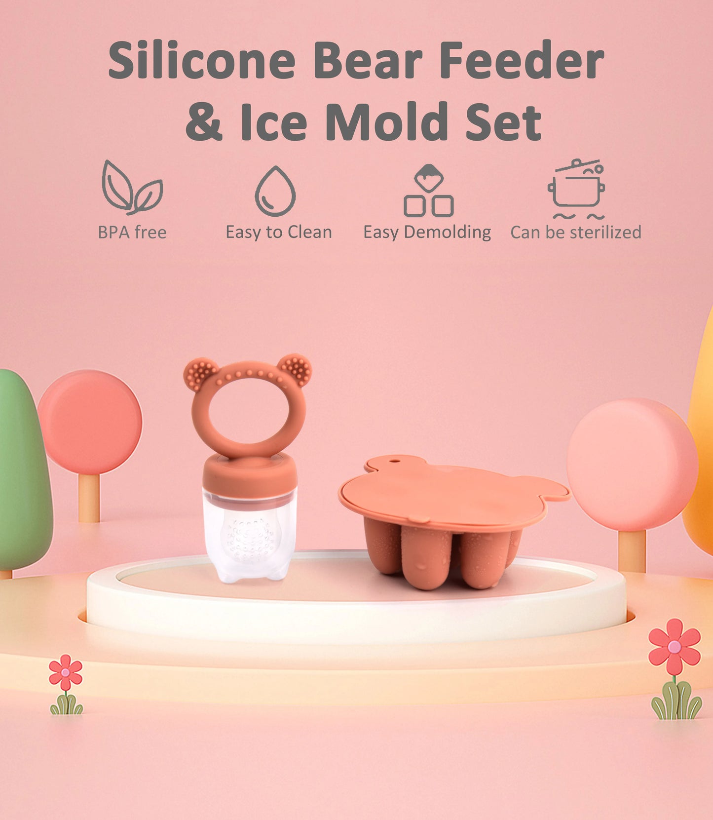 Advertisement for a silicone bear-shaped baby feeder and ice mold set, highlighting features, on a pastel backdrop.