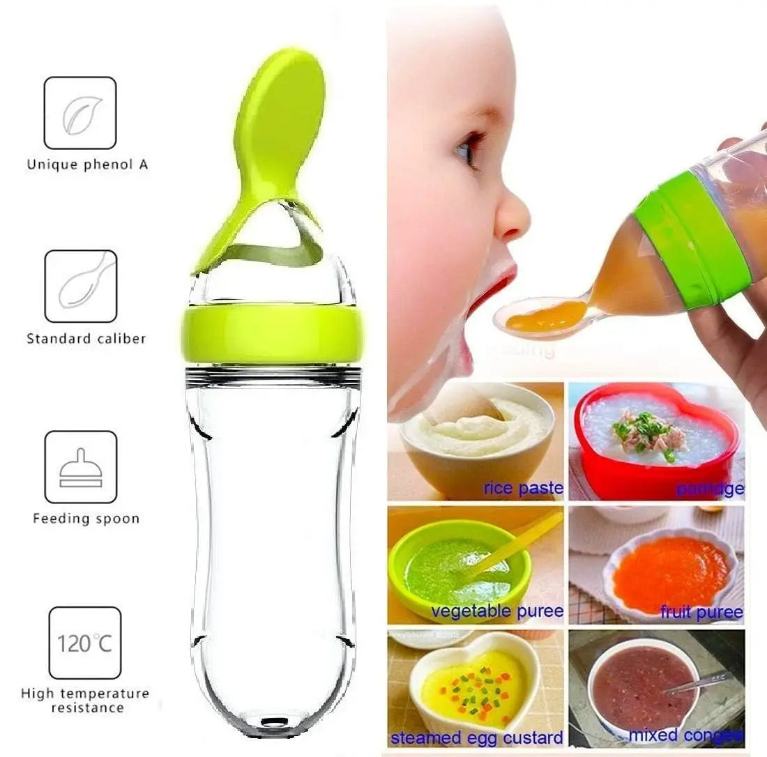 Collage showcasing a baby feeding bottle with spoon attachment and various baby food purees.