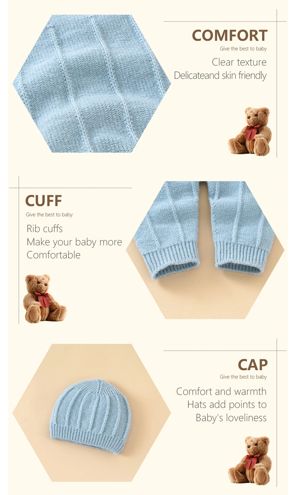 A photo with close up picture of Baby Knitted Romper's Fabric, Cuff, and Cap with text highlighting their features