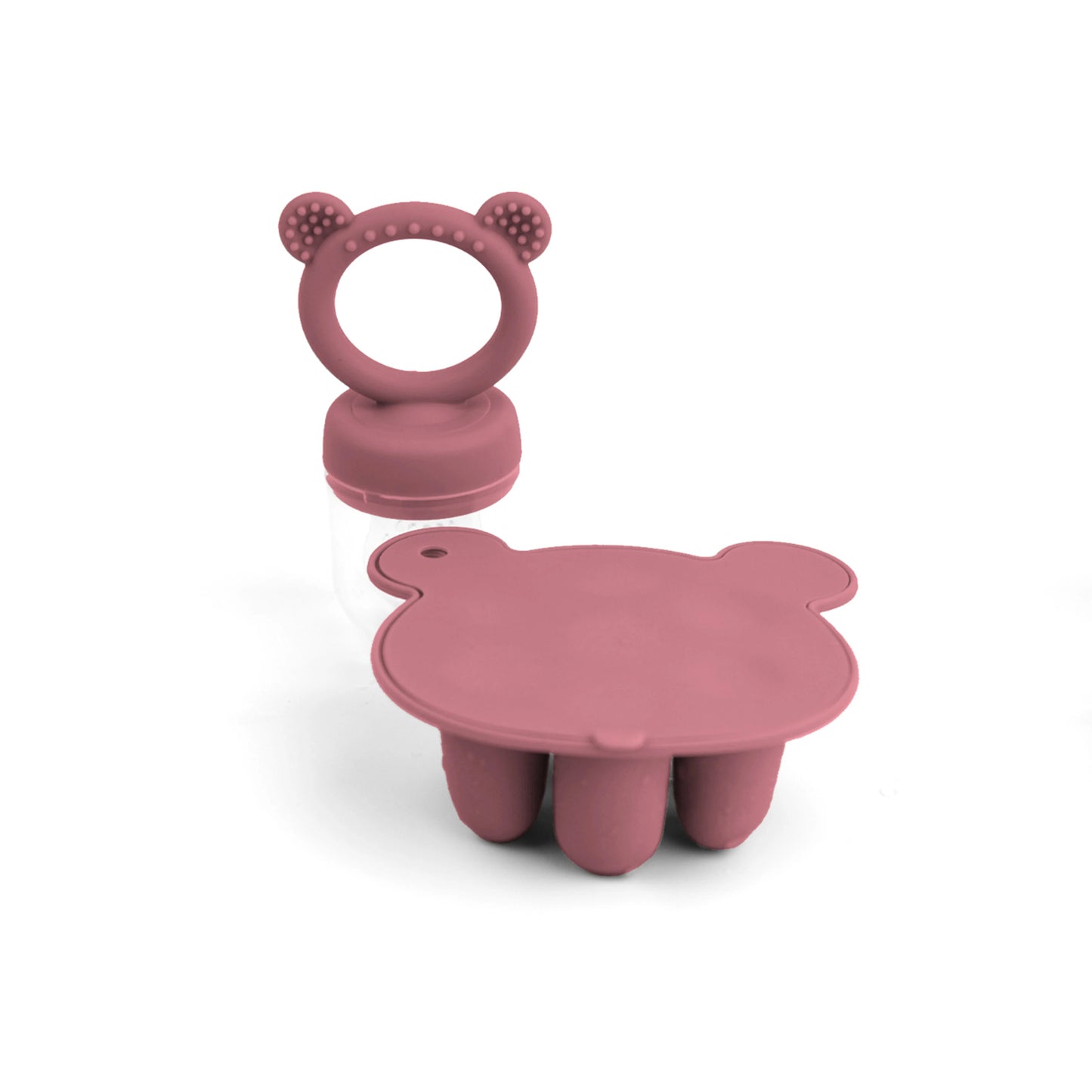 A pink bear-shaped teether and a silicone baby pacifier on a white background.