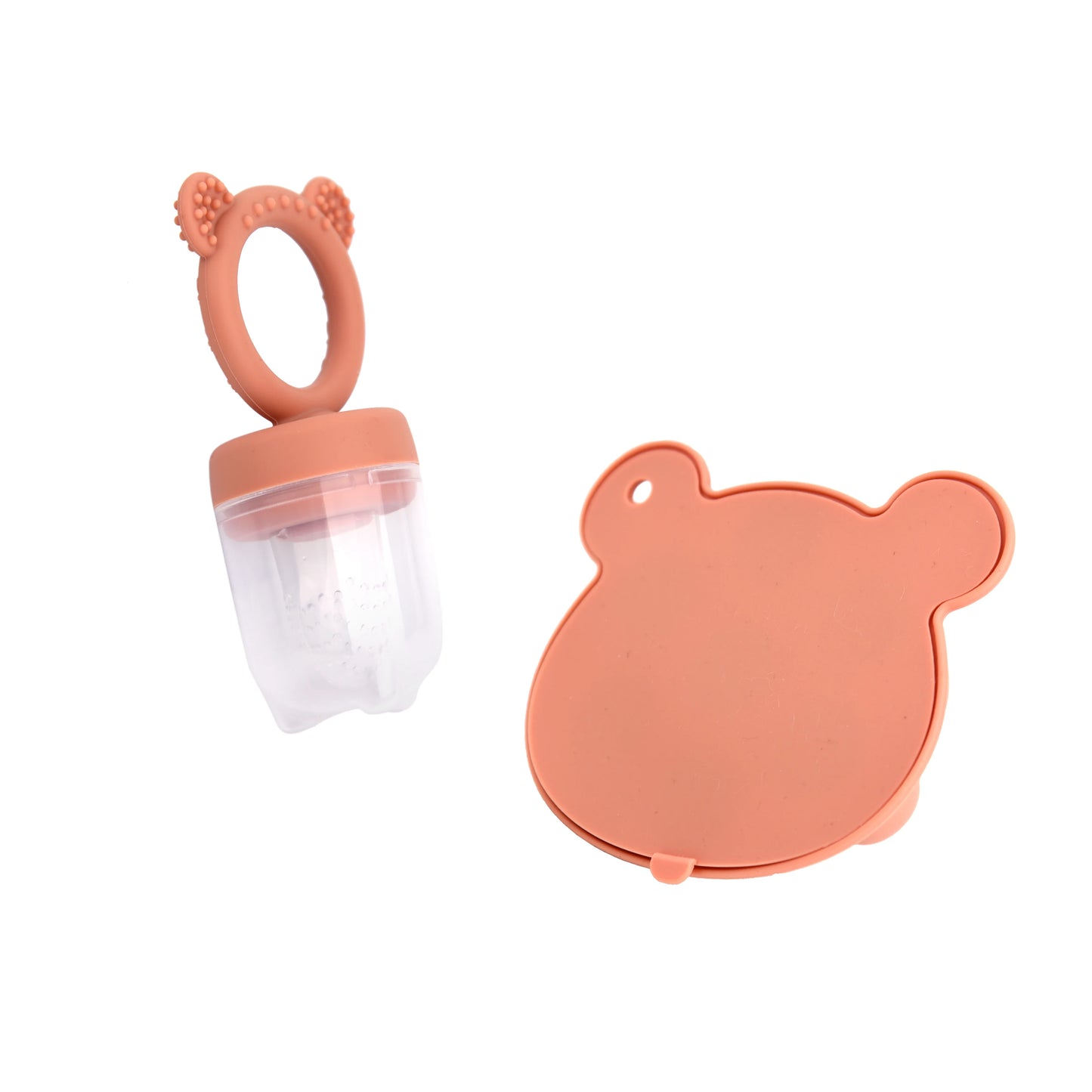 A baby's peach-colored teething ring attached to a bear-shaped container on a white background.