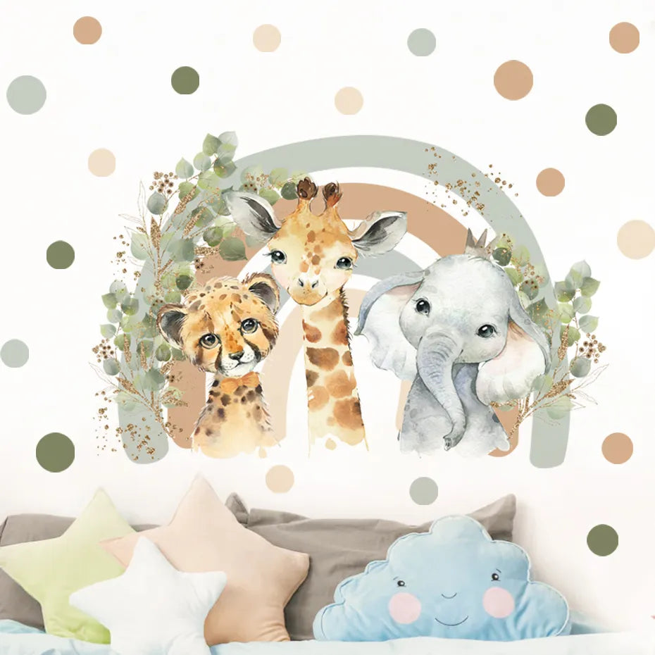 Nursery Wall Sticker With Animals Giraffe, Elephant, And Leopard and Rainbow And Plants Background Design With Polka Dots In A White Background