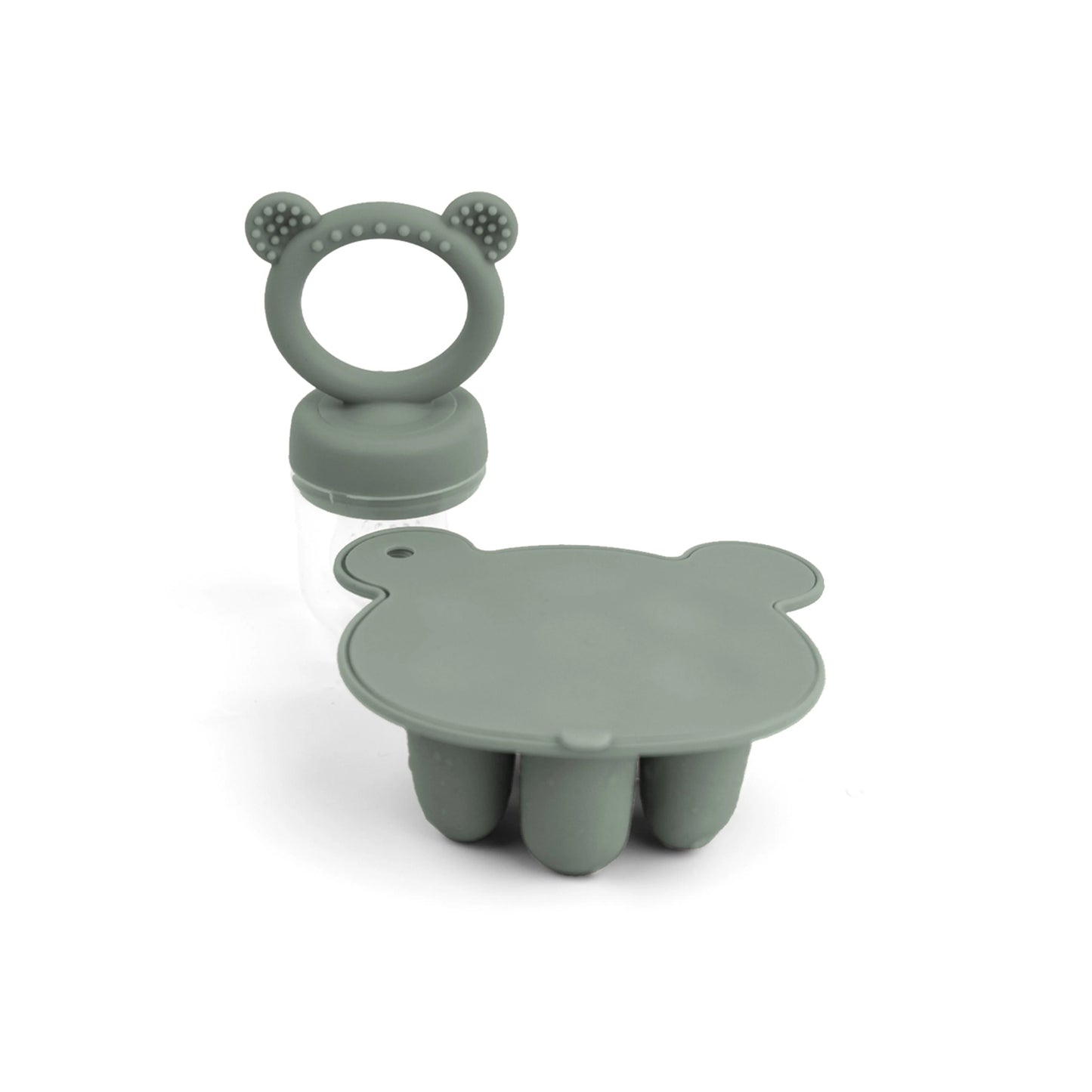 A gray bear-shaped silicone plate and matching teether on a white background.