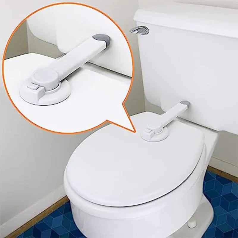 A White Toilet Bowl With Installed Toilet Lock and a close up picture of the toilet lock