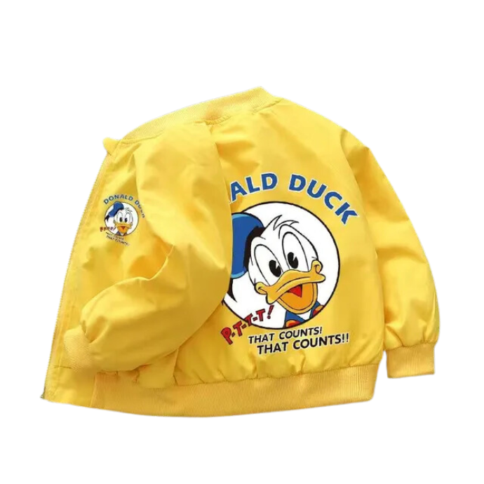 Yellow Mickey Mouse Design Printed Toddler Bomber Jacket Facing the Back in a white background