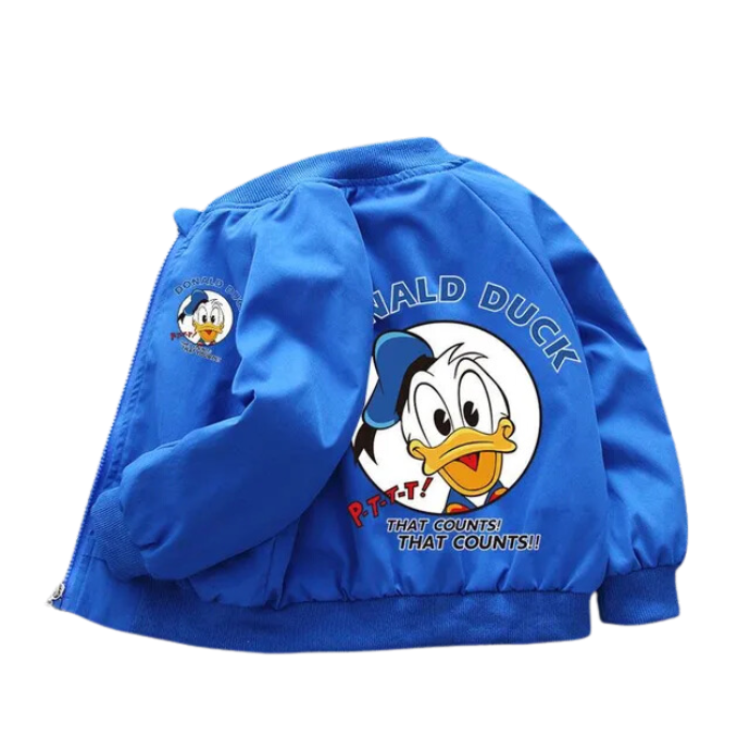Blue Mickey Mouse Design Printed Toddler Bomber Jacket Facing the Back in a white background