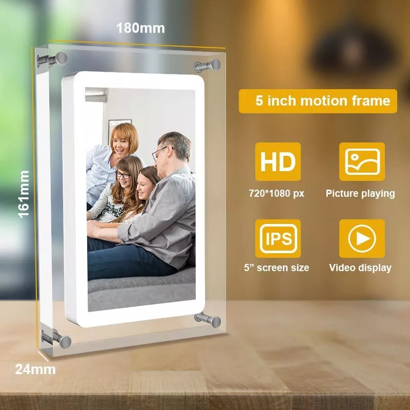 Acrylic Digital Photo Frame With size Dimension and Features With Text "5 inch motion frame" "720*1080 px" "Picture playing" "5" screen size" "Video display"