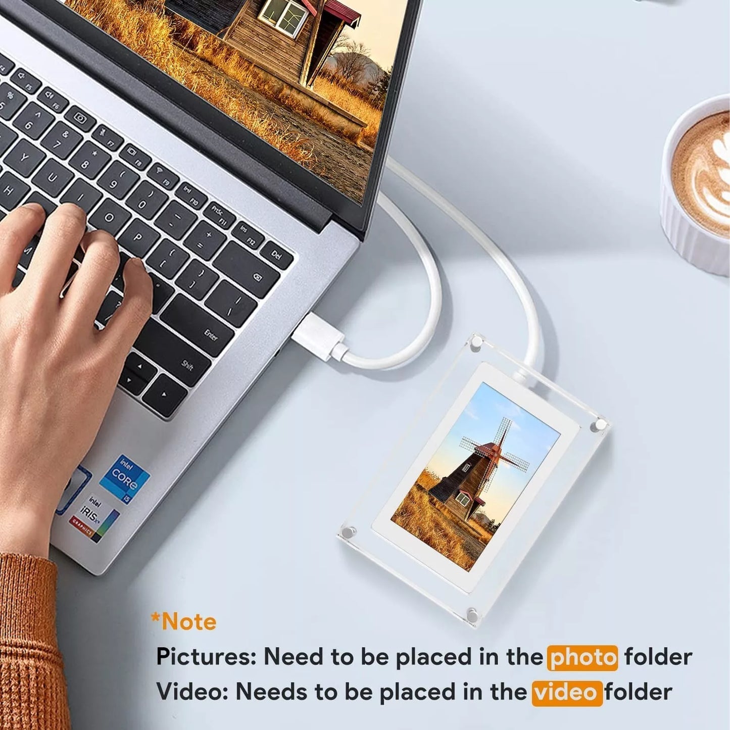 Acrylic Digital Photo Frame connected To A Computer Laptop With Text "*Note Pictures: Need to be placed in the photo folder Video: Needs to be placed in the video folder"