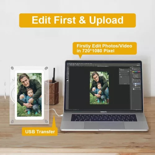 Acrylic Digital Photo Frame connected To A Computer Laptop With Label Texts "Edit First & Upload", "USB Transfer", "Firstly Edit Photos/Video in 720*1080 Pixel"
