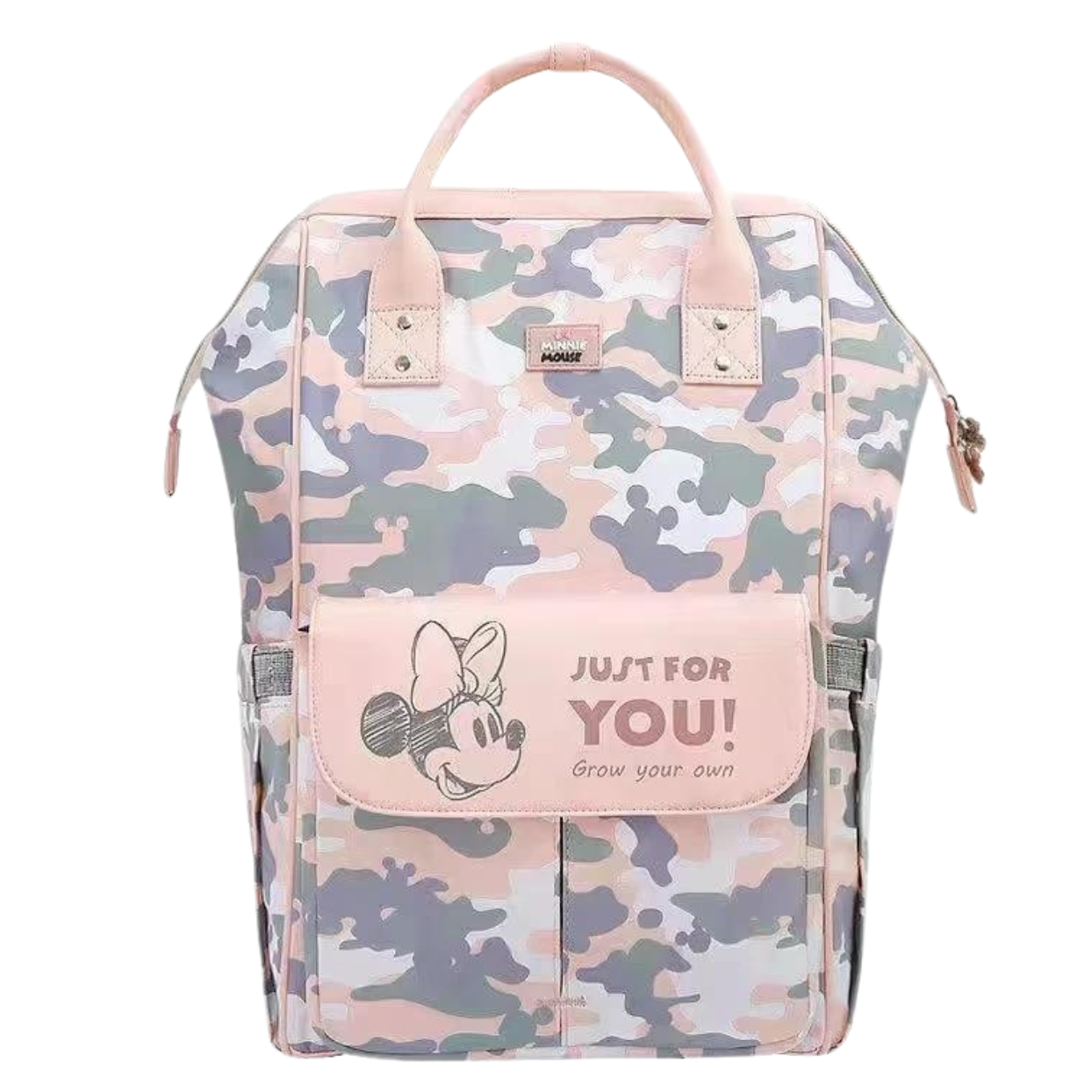 A pink camo backpack with a cartoon character illustration and Just for you! text.