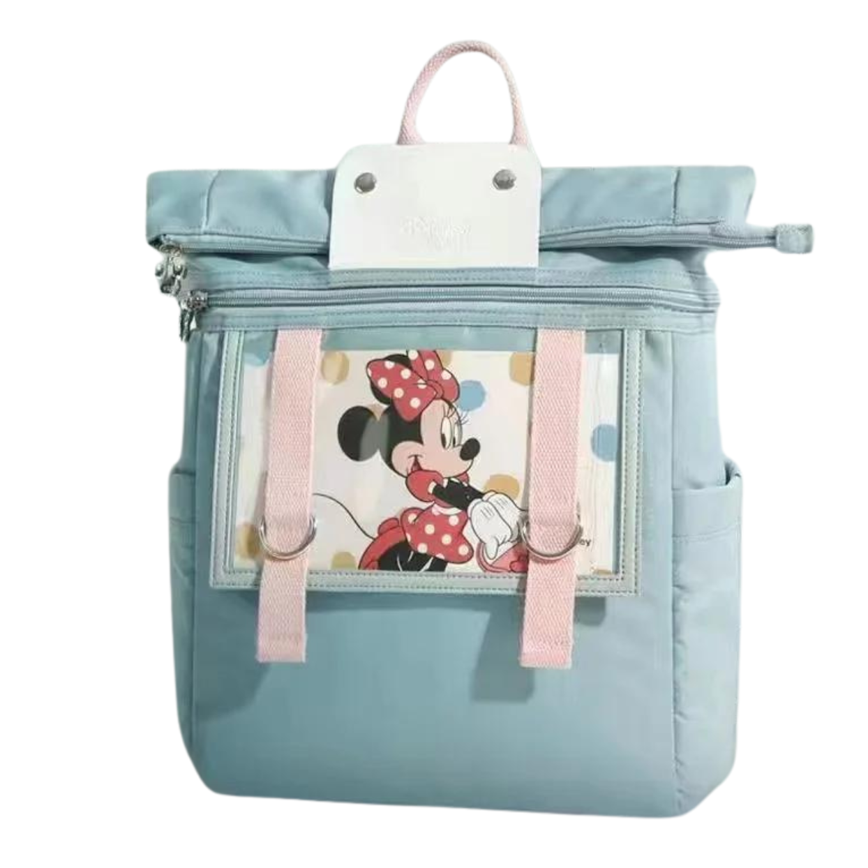 Light blue backpack with a Minnie Mouse design on the front pocket.