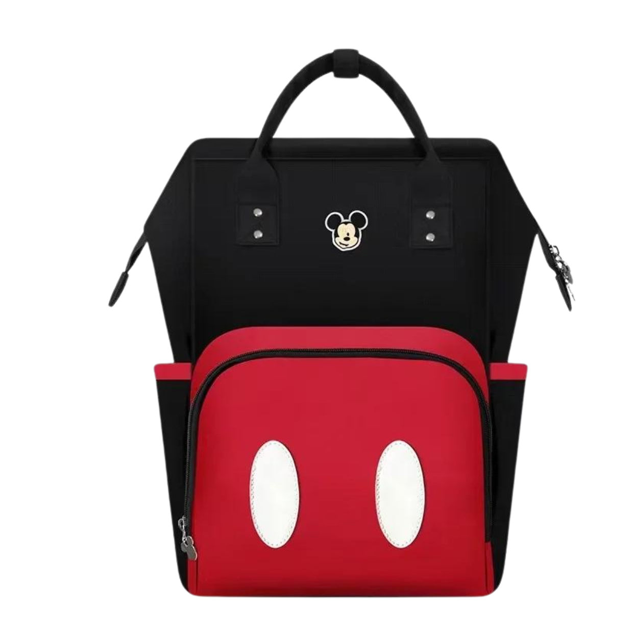 Black and red backpack with stylized mouse ears and white oval shapes.