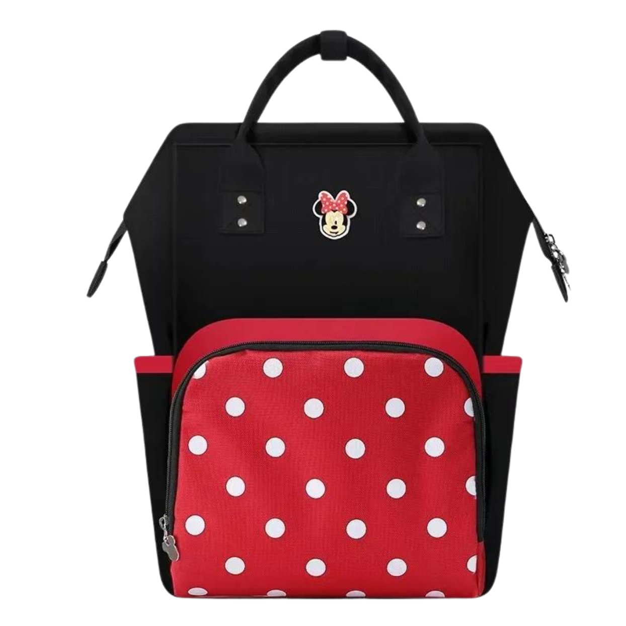 Black backpack with red polka-dotted front pocket and cartoon character emblem.