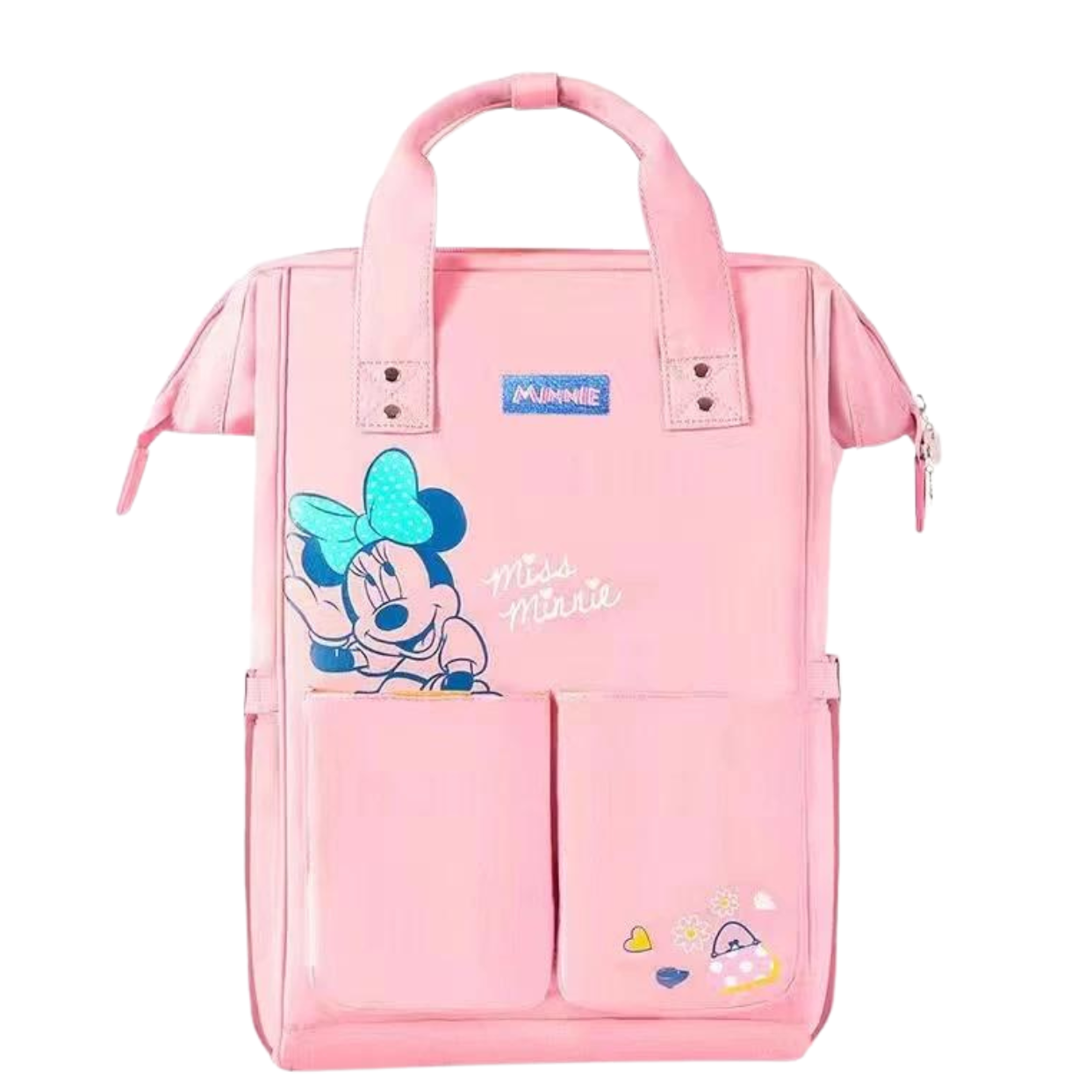 Pink backpack with a cartoon character graphic and text detail.