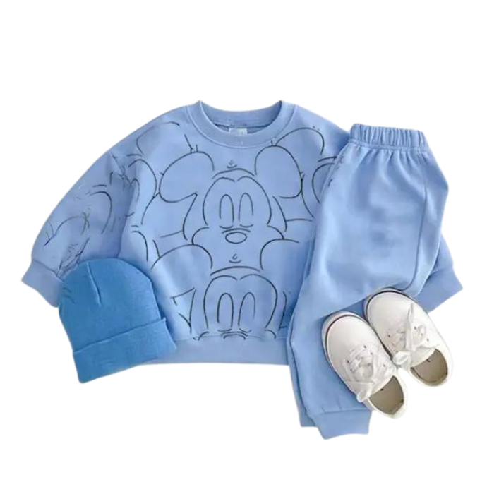 Blue mickey mouse printed tracksuit set with long sleeve pullover shirt, blue solid color pants, blue beanie with white shoes in a white background
