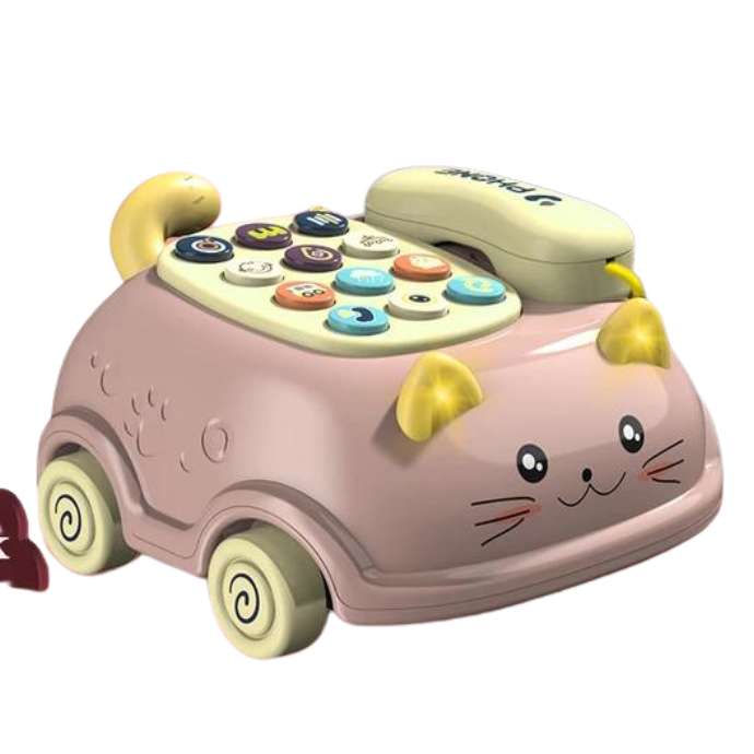 A toy phone with a cat design, colorful buttons, and a rotary dial.