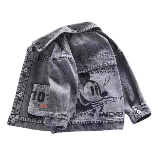 Mickey Mouse Printed Toddler Black Denim Jacket Showcasing Back Design In A White Background