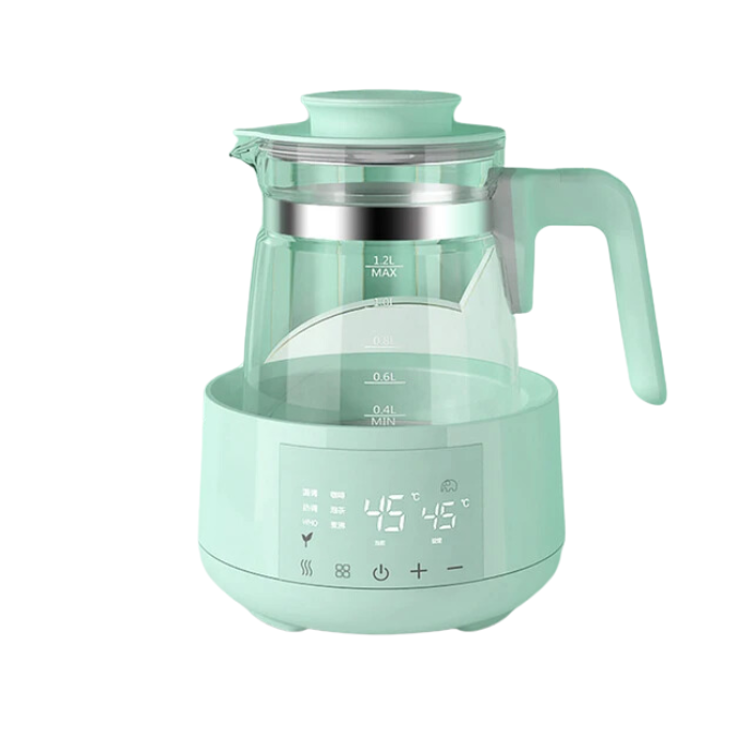 Mint green electric tea kettle with transparent carafe and digital temperature display.