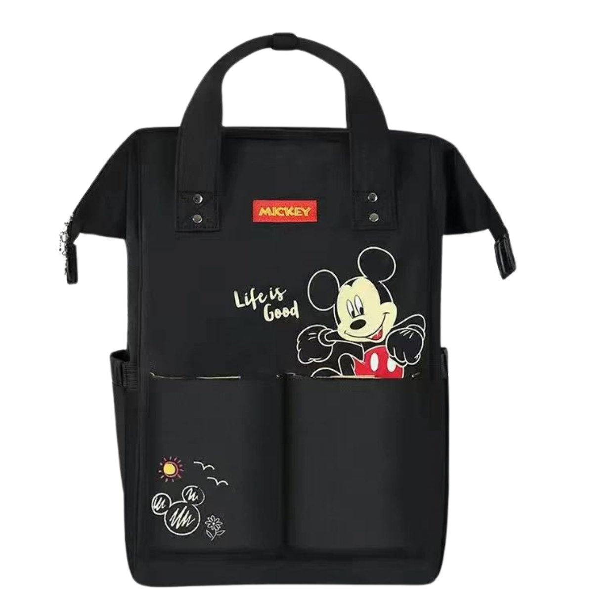 Black backpack featuring Mickey Mouse with the phrase Life is Good embroidered on the front.