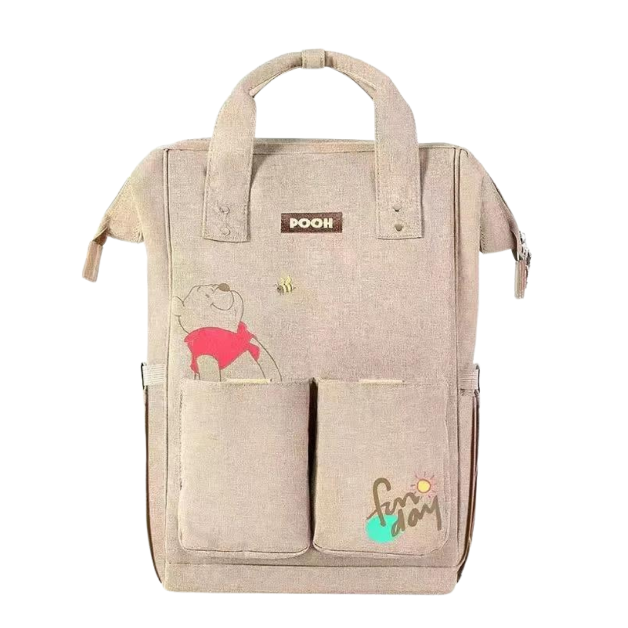 Beige backpack with Winnie the Pooh design and front pockets.